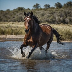 A wild horse galloping through shallow water, splashing as it moves.