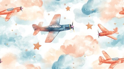80.A seamless watercolor pattern for kids featuring vintage planes in soft pastel colors, drifting through puffy clouds and sparkling stars, creating a whimsical aviation theme for boyâ€™s fabrics.