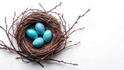 Fototapeta premium Pastel Bird Nest Blue Eggs Dark Twigs Architectural Photography - Spring Nature Image