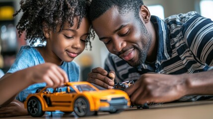 Parents and children assembling a toy car together at home.