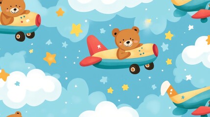 89.Seamless design featuring cheerful bears in bright airplanes, soaring through a sky filled with clouds and stars, ideal for baby shower cards, kids' fabrics, and playful clothing.