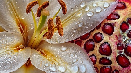 Dew-Kissed Lily and Pomegranate A Symphony of Texture and Color
