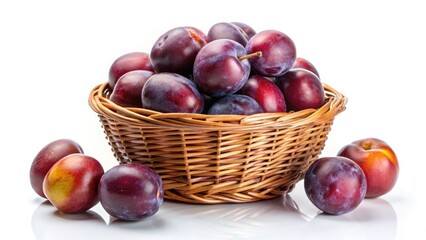 Plum Basket Still Life Photography: Juicy Purple Plums in Rustic Woven Basket - High Resolution Image