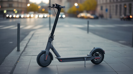 Modern electric scooter parked on city sidewalk, compact and eco-friendly urban transportation for sustainable mobility and green lifestyle concept.