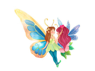 Obraz premium Enchanting Illustration, Two Fairylike Butterfly Girls in Delicate Embrace, Evoking Whimsical Fantasy and Innocent Friendship amid Transparent Winged Beauty