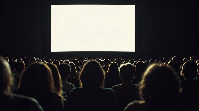 Audience watching a film in a large theater with a blank screen during a movie event in the evening