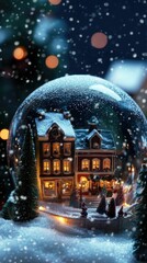 Obraz premium Snow globe; winter village scene; festive lights.
