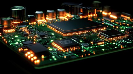 Obraz premium Glowing Motherboard Chip Featuring Circuit Board Connections and a Processor in a Futuristic Theme 