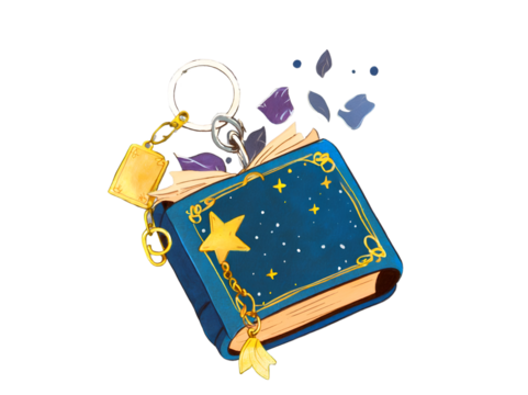 Enchanting Miniature Spellbook Illustration, A Whimsical Journey into a World of Magic and Imagination, Hanging with Delicate Gold Chains and Mystical Star Charms
