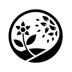 Black & White Flower & Foliage Silhouette in Circle