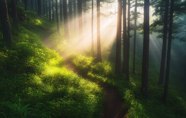 Obraz premium A serene forest scene with sunlight filtering through trees, illuminating a lush green path.