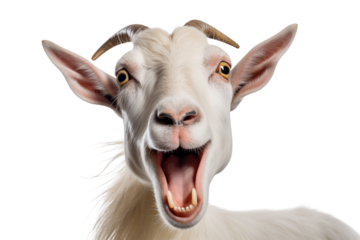 Close up portrait of a white goat with its mouth open and visible teeth on a white background studio shot transparent backgroundpng