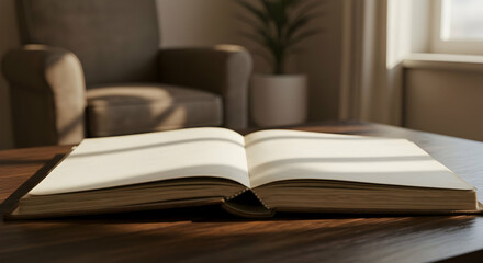 Naklejka premium Open Book On Wooden Coffee Table In Cozy Living Room