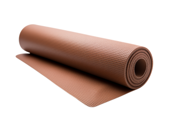A brown yoga mat partially rolled up on a white surface in a studio setting with soft lighting around it transparent backgroundpng
