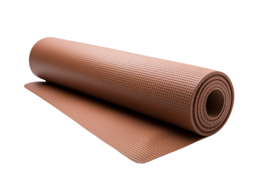 A brown yoga mat partially rolled up on a white surface in a studio setting with soft lighting around it transparent backgroundpng
