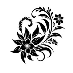 Elegant Black Floral Vector Design, Flourish Motif, Isolated on White