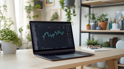 Laptop Displaying Stock Market Data on a Desk with Plants