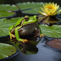 A bright green tree frog sitting on a water lily.