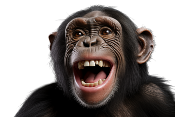 Close up portrait of a chimpanzee with an open mouth and teeth showing on a black background transparent backgroundpng