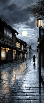 Fototapeta Rainy Night in a Japanese City: A Solitary Figure Walks Past Illuminated Buildings Under a Full Moon