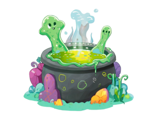 Enchanting Potion, A whimsical illustration of a giant cauldron overflowing with bubbly green liquid, guarded by friendly slime creatures amidst magical crystals and flora