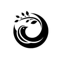 Elegant Black Bird Logo with Leaves, Circle Design
