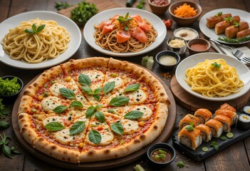 Pizza Pasta and Sushi Assortment Delicious Italian and Japanese Food Still Life