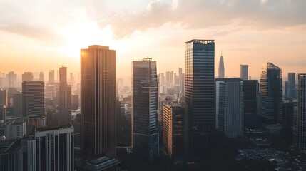 Fototapeta premium Golden Hour Skyline Cityscape Stunning Aerial View of Modern Skyscrapers at Sunset