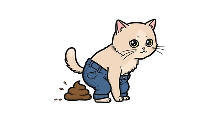 Cartoon Cat Wearing Jeans Squatting Next to Poop Illustration on White Background