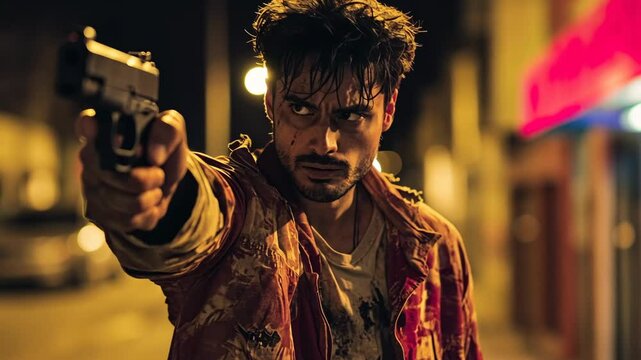 Intense confrontation unfolds on a dimly lit street at night with an armed figure in a tense standoff