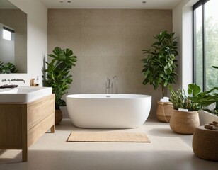 Modern minimalist bathroom with sleek fixtures, neutral tones, large mirror, natural light, and eco-friendly design elements.