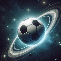 Naklejka premium Soccer ball in space. Ball planet with rings of Saturn