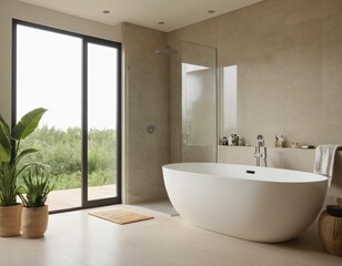 Modern minimalist bathroom with sleek fixtures, neutral tones, large mirror, natural light, and eco-friendly design elements.