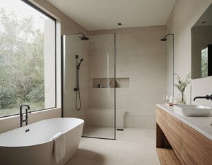 Modern minimalist bathroom with sleek fixtures, neutral tones, large mirror, natural light, and eco-friendly design elements.