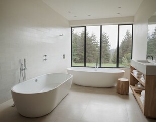 Modern minimalist bathroom with sleek fixtures, neutral tones, large mirror, natural light, and eco-friendly design elements.