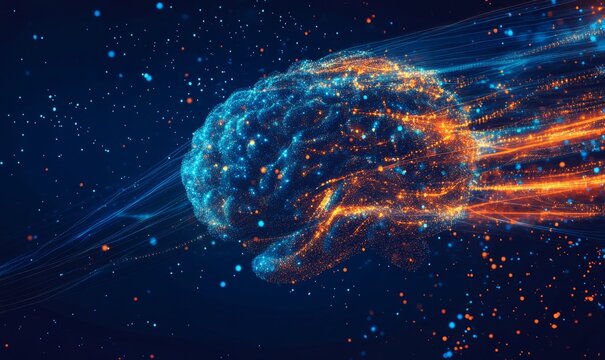 Abstract brain in hand, cosmic energy, futuristic background