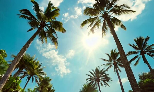 Tall palm trees under a bright sunny sky in a tropical location