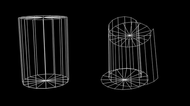 2d UV map derived from cylindrical object. Unwrapped 3d cylinder wireframe mesh.   Flat 2d UV planar map generated from a 3-dimensional cylinder. 3d animation render.