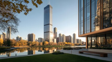 Naklejka premium Stunning Cityscape Modern Architecture and Autumnal Park A tranquil lake reflects the skyscrapers