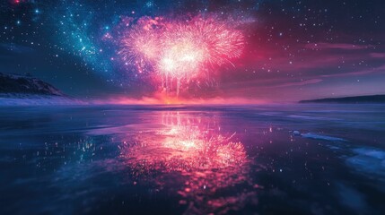 Fototapeta premium Frozen lake reflects vibrant fireworks, starry night.