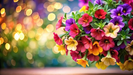 Overhead Perspective of Calibrachoa Bells with Bokeh Effect, Glass Reflection, and Copy Space for Floral Design
