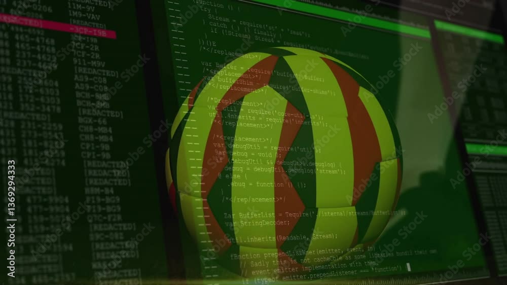 Poster soccer ball animation over computer screen displaying code and data