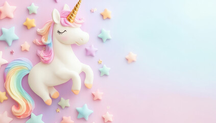 whimsical unicorn with rainbow mane and golden horn is surrounded by pastel stars, creating dreamy and enchanting atmosphere