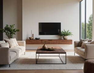 Modern minimalist living room with sleek fixtures, neutral tones, natural light, and a touch of greenery, showcasing a spacious and calming atmosphere.