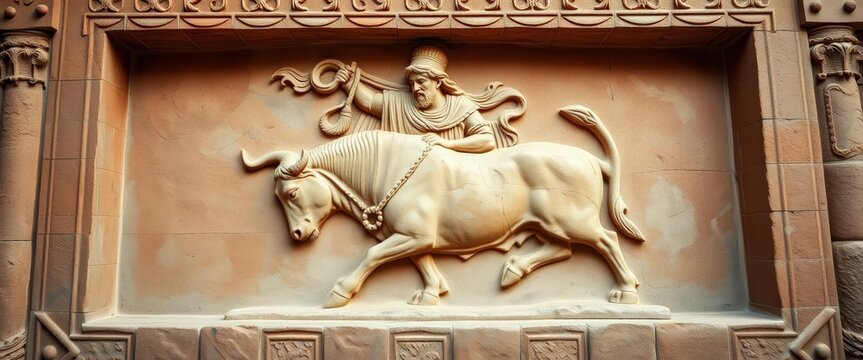 Mithras slaying a bull, Ostia Antica Mithraeum; intricate stone relief , sacred, sacrifice