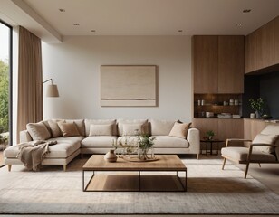 Modern minimalist living room with sleek fixtures, neutral tones, natural light, and a touch of greenery, showcasing a spacious and calming atmosphere.