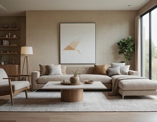 Modern minimalist living room with sleek fixtures, neutral tones, natural light, and a touch of greenery, showcasing a spacious and calming atmosphere.