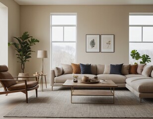 Modern minimalist living room with sleek fixtures, neutral tones, natural light, and a touch of greenery, showcasing a spacious and calming atmosphere.