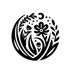 Black and White Floral Emblem: Minimalist Nature Illustration