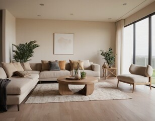 Fototapeta premium Modern minimalist living room with sleek fixtures, neutral tones, natural light, and a touch of greenery, showcasing a spacious and calming atmosphere.